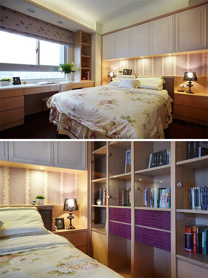 卧室设计三,巧妙利用收纳配置,成功化解床头压梁的风水顾忌;以开架式的层板展示,让空间应用更显得心应手。