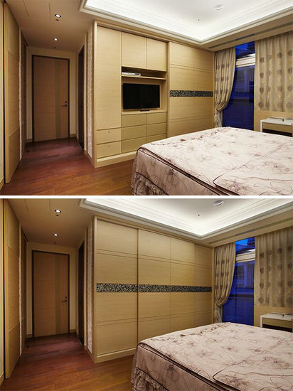 卧室设计一,在双色绷布的跳色表现中,透过贝壳板与壁布的适度妆点,提升视觉材质间的层次对比,华美风韵令人大叹惊艳!